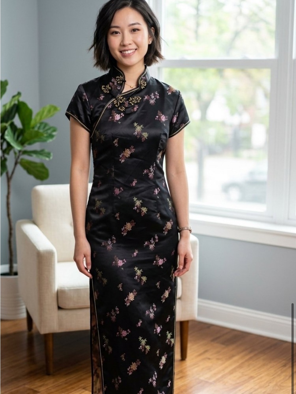 Black Floral Satin Cheongsam Dress